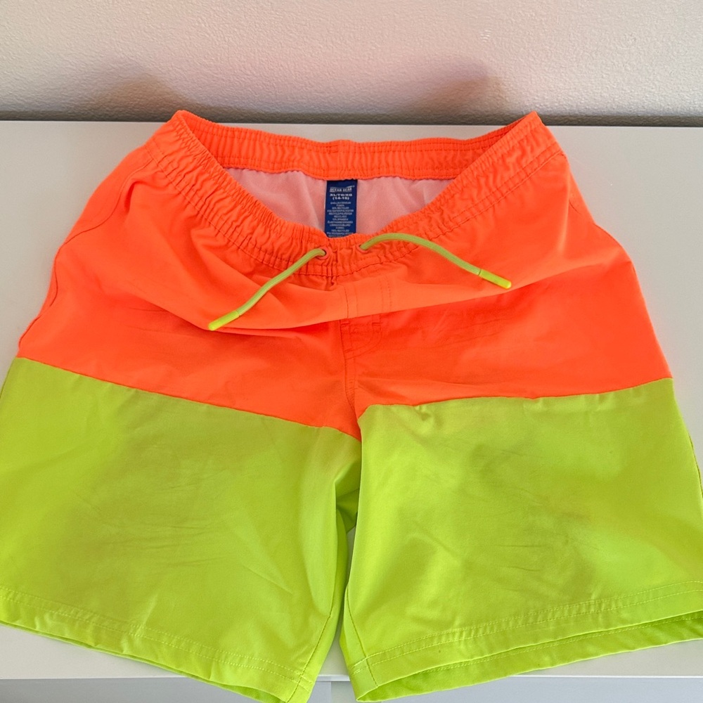 Neon Orange and Green Kids Swim Trunks